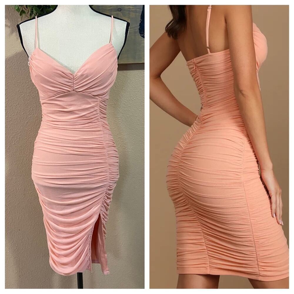 NWOT Lulus Got You Staring Peach Ruched Mesh Bodycon Mini Dress